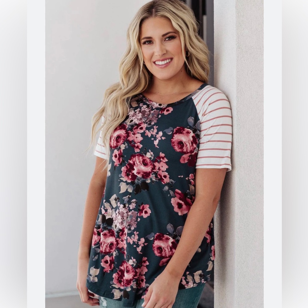 Pink Blush Maternity (1X) Dark Teal and Pink Floral and Stripes Short Sleeve Top